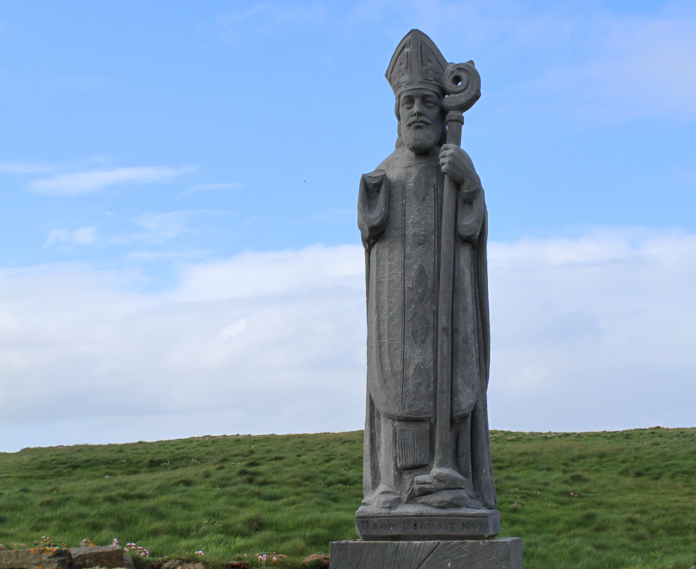 St. Patrick statue near the church ruin at Downpatrick Head.